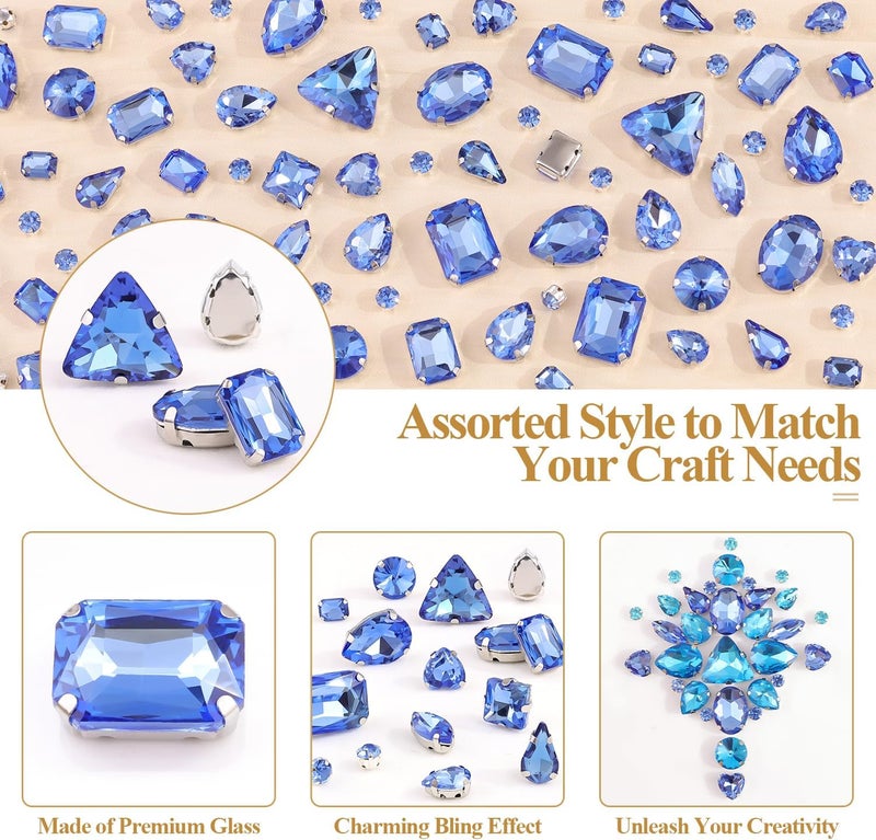 TINKRSTUFF 120 PCS Light Blue Bedazzling Sew on Rhinestones, Mixed Shape Charms Claw Flatback Glass Rhinestone with Metal Base for Crafting, Large Gems for Clothes Shoes Hats Collars Bags & Sewing Accessories - Image 3